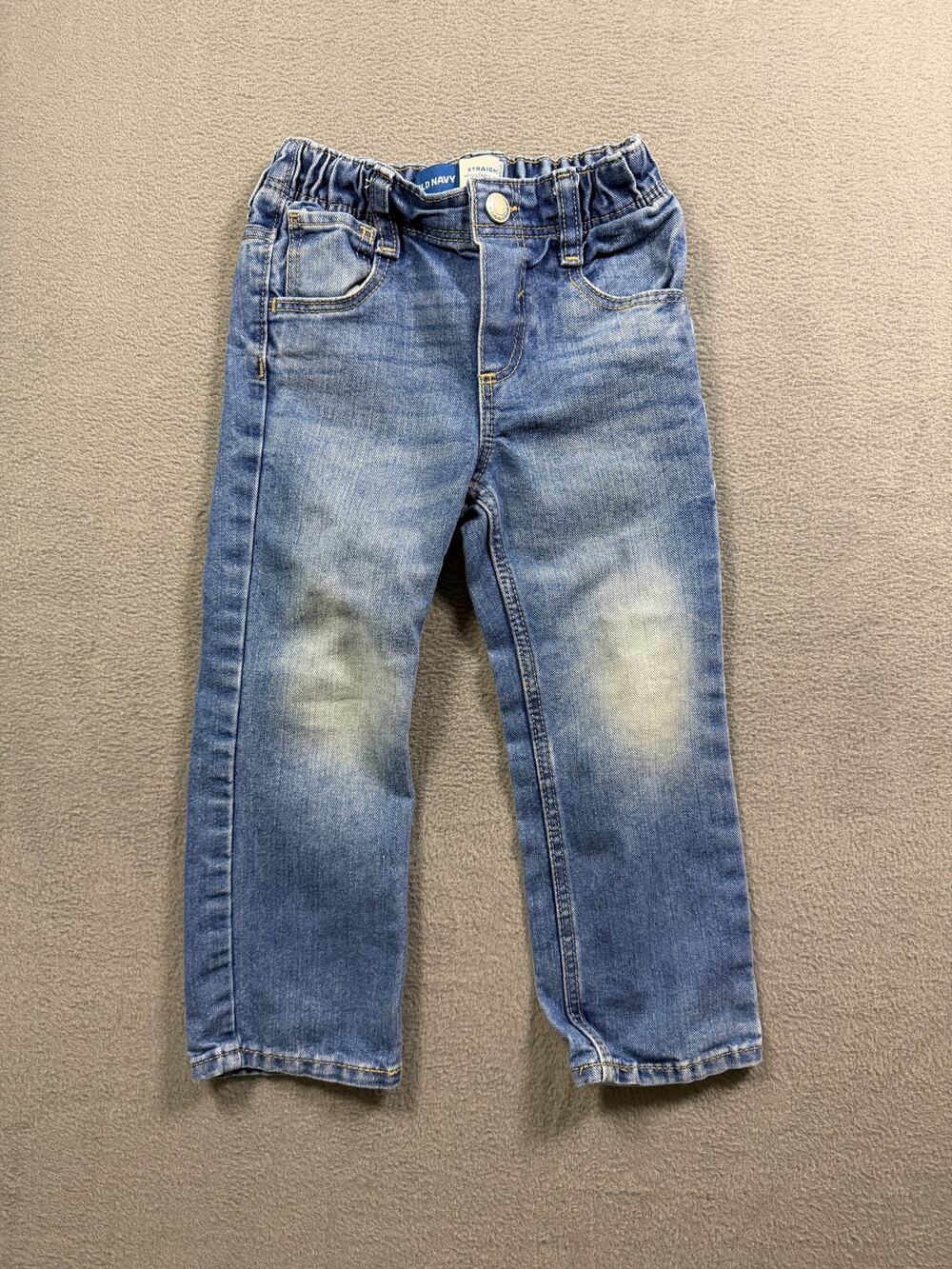 Old Navy Boys 3T Straight Denim Jeans Light Wash Faded Knee Elastic Waist PullOn